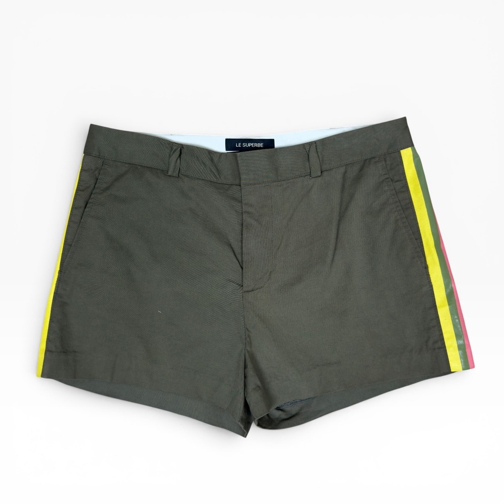 Le Superbe Racing Stripe Shorts Women 6 Olive Green Multi Color Side Tape Cotton